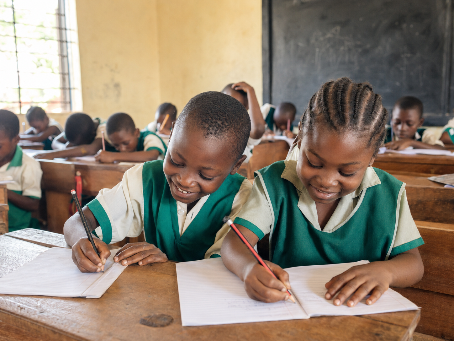 Primary school pupils learning and writing together in a classroom